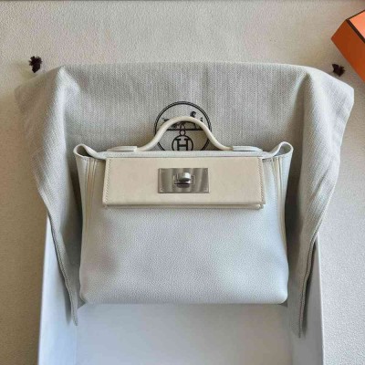 Hermes 24/24 Mini 21 Handmade Bag in White Evercolor Leather