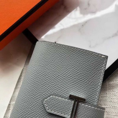 Hermes Bearn Mini Wallet In Blue Lin Epsom Leather