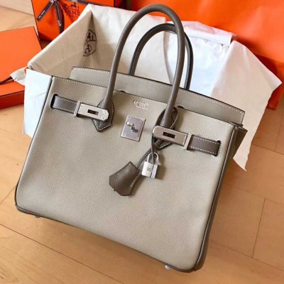 Hermes Birkin 30 Handmade Bicolor Bag In Grey Epsom Leather