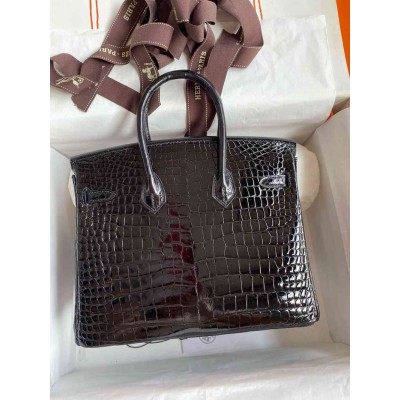 Hermes Birkin 25 Handmade Bag in Black Porosus Crocodile Shiny Skin