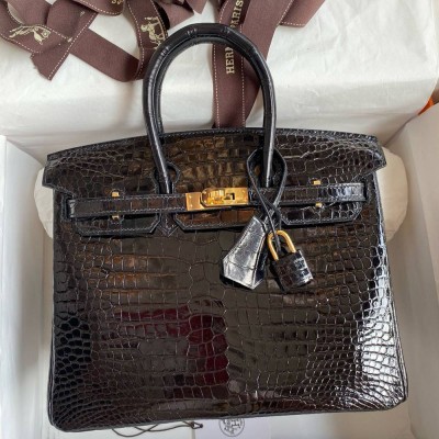 Hermes Birkin 25 Handmade Bag in Black Porosus Crocodile Shiny Skin