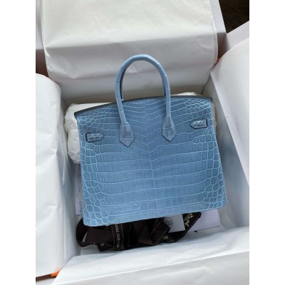 Hermes Birkin 25 Handmade Bag in Bleu du Nord Crocodile Niloticus Shiny Skin