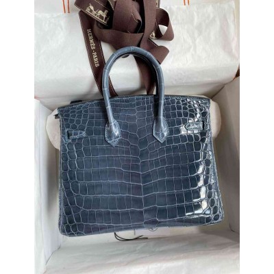 Hermes Birkin 25 Handmade Bag in Blue Tempete Crocodile Niloticus Shiny Skin