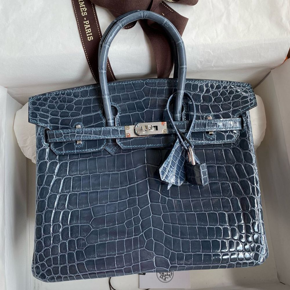 Hermes Birkin 25 Handmade Bag in Blue Tempete Crocodile Niloticus Shiny Skin