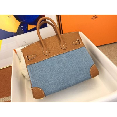 Hermes Birkin 25 Handmade Bag in Denim & Gold Clemence Leather