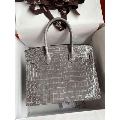 Hermes Birkin 25 Handmade Bag in Gris Ciment Crocodile Niloticus Shiny Skin