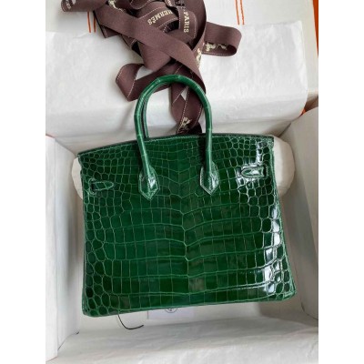 Hermes Birkin 25 Handmade Bag In Malachite Crocodile Niloticus Shiny Skin