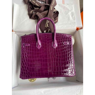 Hermes Birkin 25 Handmade Bag in Raisin Crocodile Niloticus Shiny Skin