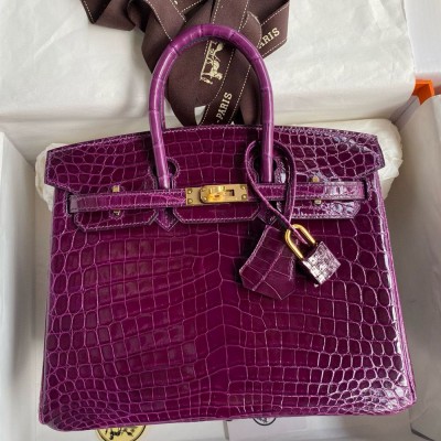 Hermes Birkin 25 Handmade Bag in Raisin Crocodile Niloticus Shiny Skin