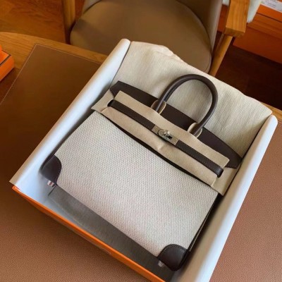 Hermes Birkin 25 Handmade Bag In Toile & Chocolat Swift Leather