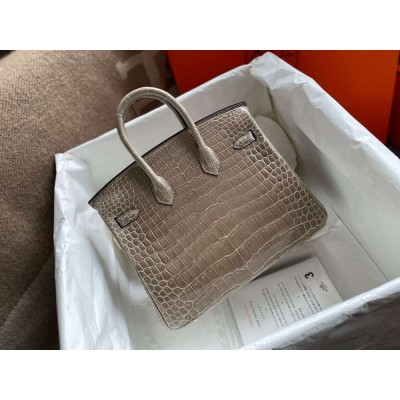 Hermes Birkin 25 Handmade Bag in Tourterelle Porosus Crocodile Shiny Skin