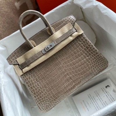 Hermes Birkin 25 Handmade Bag in Tourterelle Porosus Crocodile Shiny Skin