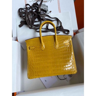 Hermes Birkin 25 Handmade Bag In Yellow Crocodile Niloticus Shiny Skin