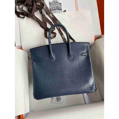 Hermes Birkin 25 Retourne Handmade Bag In Blue Saphir Lizard Leather