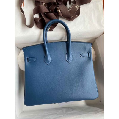 Hermes Birkin 25 Retourne Handmade Bag In Deep Blue Swift Calfskin