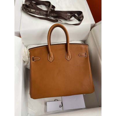 Hermes Birkin 25 Retourne Handmade Bag In Gold Barenia Calfskin