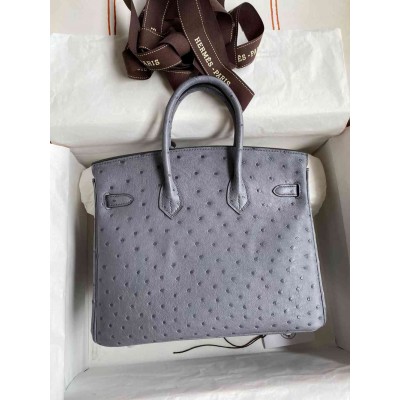 Hermes Birkin 25 Retourne Handmade Bag in Gris Agate Ostrich Leather