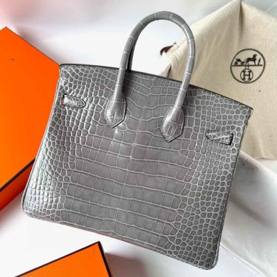 Hermes Birkin 25 Retourne Handmade Bag in Gris Ciment Shiny Alligator Leather