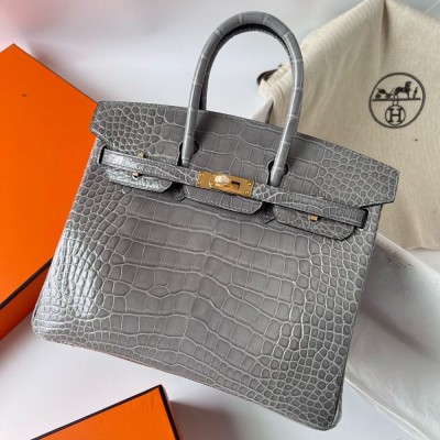 Hermes Birkin 25 Retourne Handmade Bag in Gris Ciment Shiny Alligator Leather