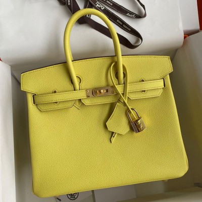 Hermes Birkin 25 Retourne Handmade Bag In Lime Epsom Calfskin