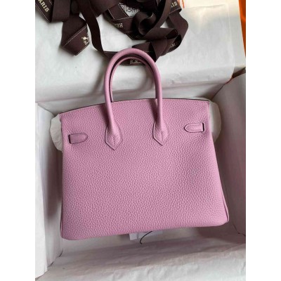 Hermes Birkin 25 Retourne Handmade Bag In Mauve Sylvestre Clemence Leather