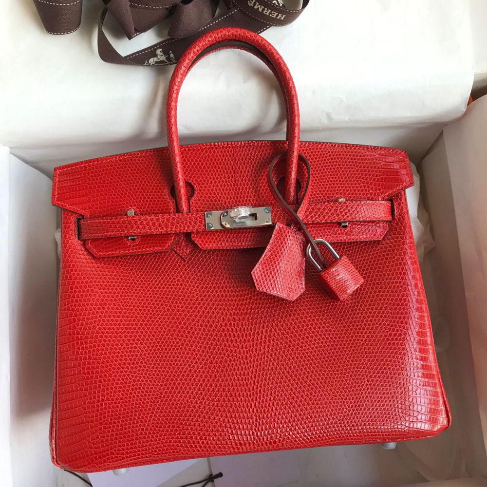 Hermes Birkin 25 Retourne Handmade Bag In Red Lizard Leather