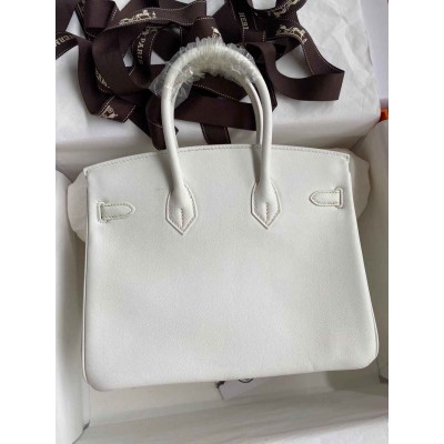 Hermes Birkin 25 Retourne Handmade Bag In White Swift Calfskin