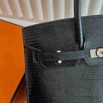 Hermes Birkin 25 Sellier Handmade Bag in Black Lizard Leather