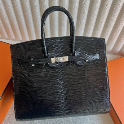 Hermes Birkin 25 Sellier Handmade Bag in Black Lizard Leather