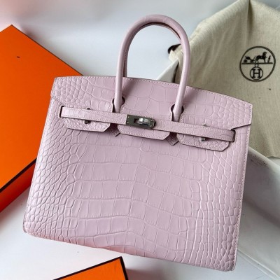 Hermes Birkin 25 Sellier Handmade Bag in Mauve Pale Matte Alligator Leather