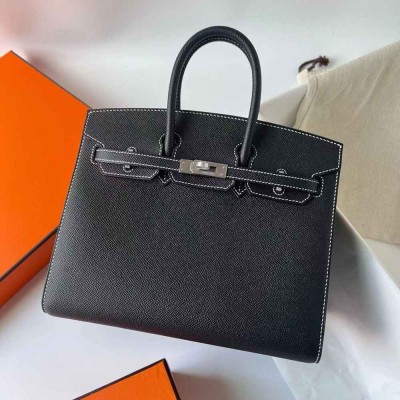 Hermes Birkin 25 Sellier Handmade Bag In Noir Epsom Calfskin