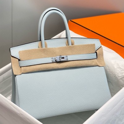 Hermes Birkin 25cm Bag In Blue Brume Clemence Leather PHW