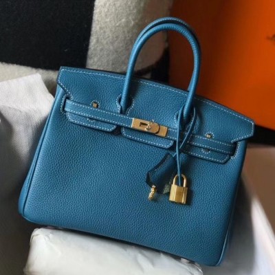 Hermes Birkin 25cm Bag In Blue Jean Clemence Leather GHW