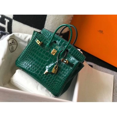 Hermes Birkin 25cm Bag In Green Embossed Crocodile Leather