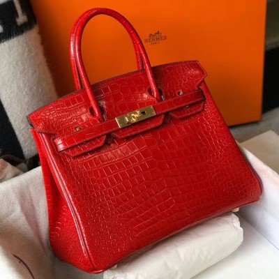 Hermes Birkin 25cm Bag In Red Embossed Crocodile Leather