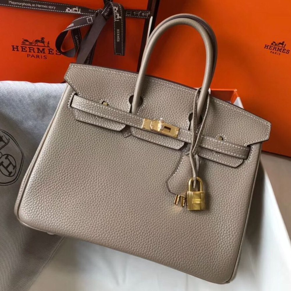 Hermes Birkin 25cm Bag In Tourterelle Clemence Leather GHW