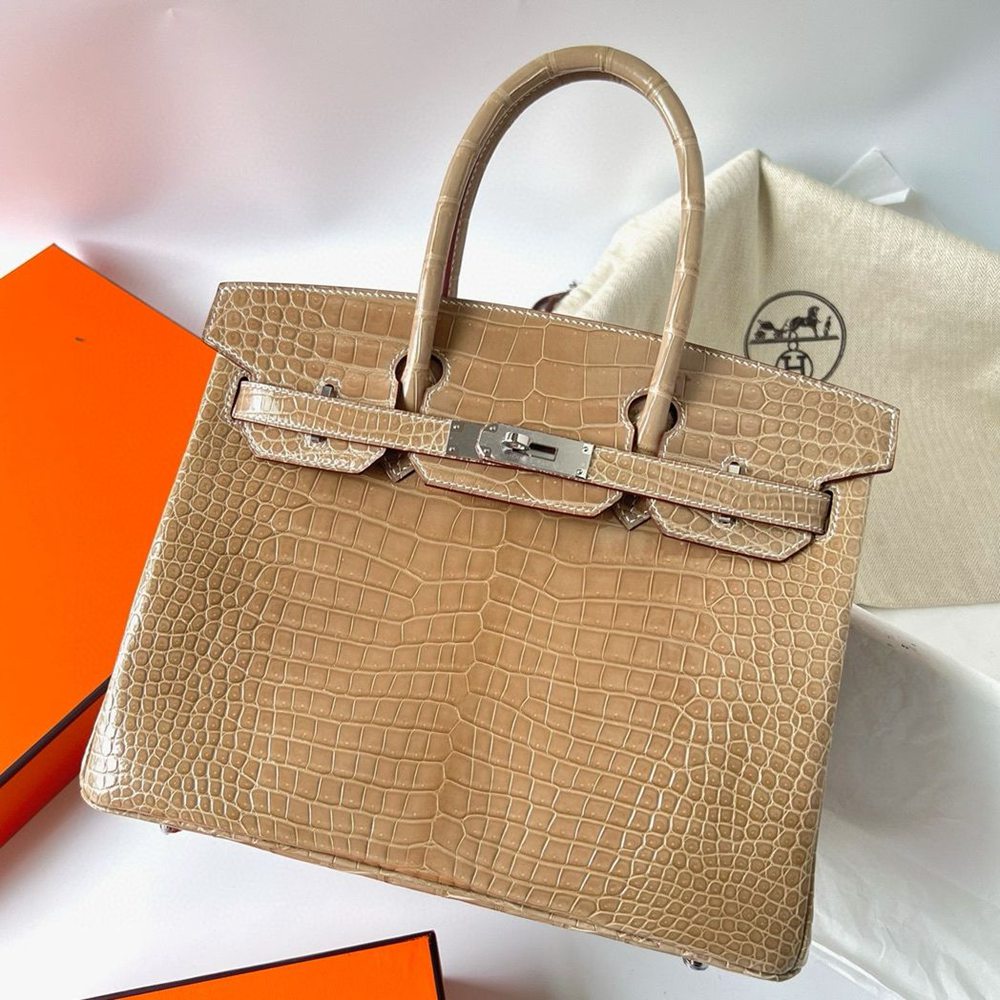 Hermes Birkin 30 Handmade Bag in Biscuit Crocodile Porosus Shiny Skin