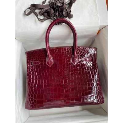 Hermes Birkin 30 Handmade Bag In Bordeaux Crocodile Niloticus Shiny Skin