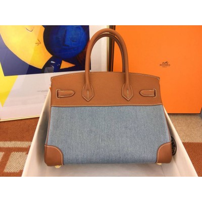 Hermes Birkin 30 Handmade Bag in Denim & Gold Swift Leather