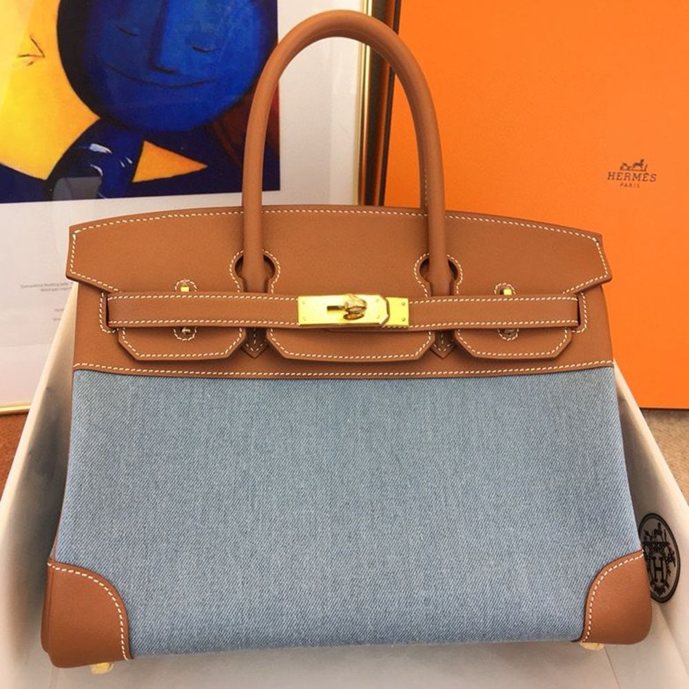 Hermes Birkin 30 Handmade Bag in Denim & Gold Swift Leather