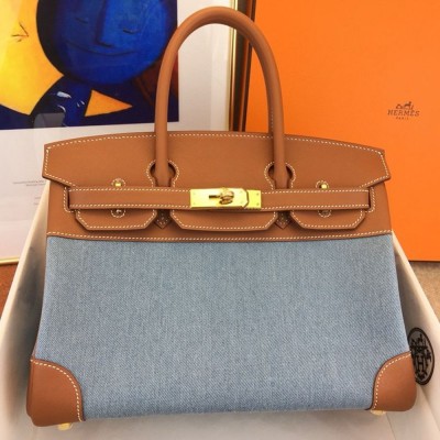 Hermes Birkin 30 Handmade Bag in Denim & Gold Swift Leather