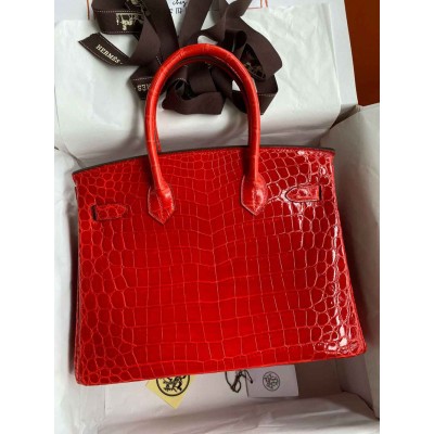 Hermes Birkin 30 Handmade Bag In Red Crocodile Niloticus Shiny Skin