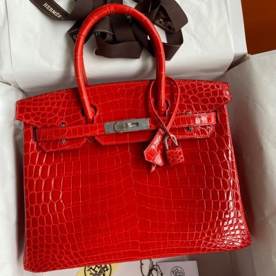 Hermes Birkin 30 Handmade Bag In Red Crocodile Niloticus Shiny Skin