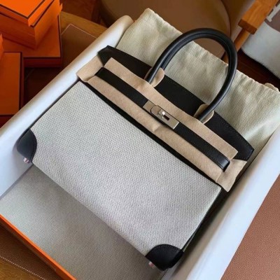 Hermes Birkin 30 Handmade Bag In Toile & Black Swift Leather