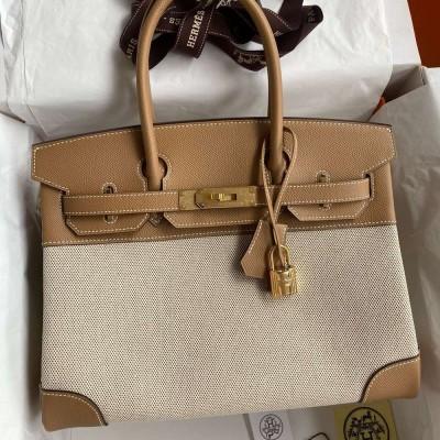 Hermes Birkin 30 Handmade Bag In Toile & Chai Epsom Leather