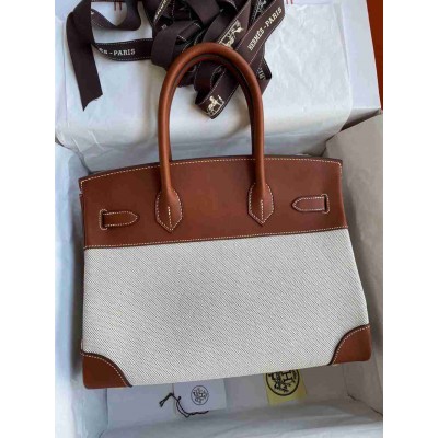 Hermes Birkin 30 Handmade Bag In Toile & Gold Swift Leather