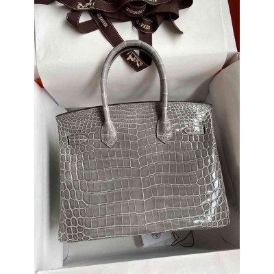 Hermes Birkin 30 Handmade Bag In Gris Ciment Crocodile Niloticus Shiny Skin