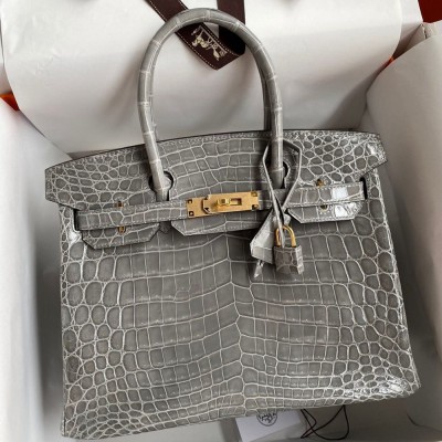 Hermes Birkin 30 Handmade Bag In Gris Ciment Crocodile Niloticus Shiny Skin