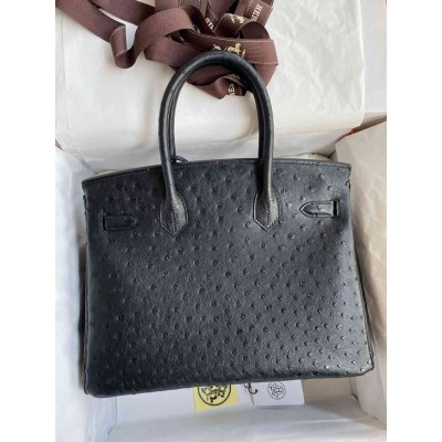 Hermes Birkin 30 Retourne Handmade Bag In Black Ostrich Leather