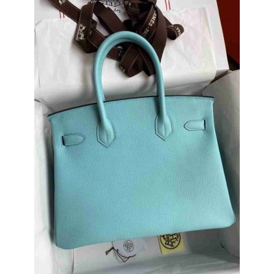 Hermes Birkin 30 Retourne Handmade Bag In Blue Atoll Epsom Calfskin